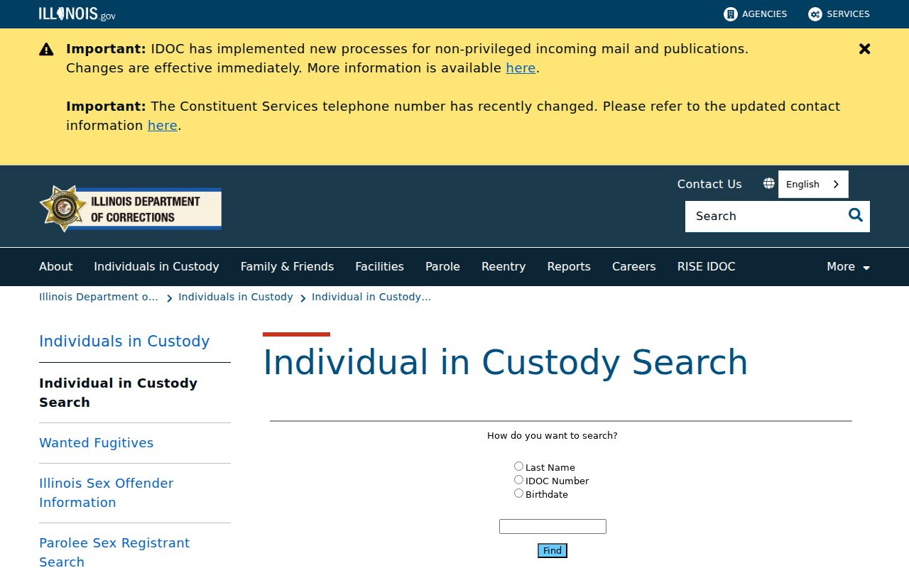 Illinois Department of Corrections Individuals in Custody search