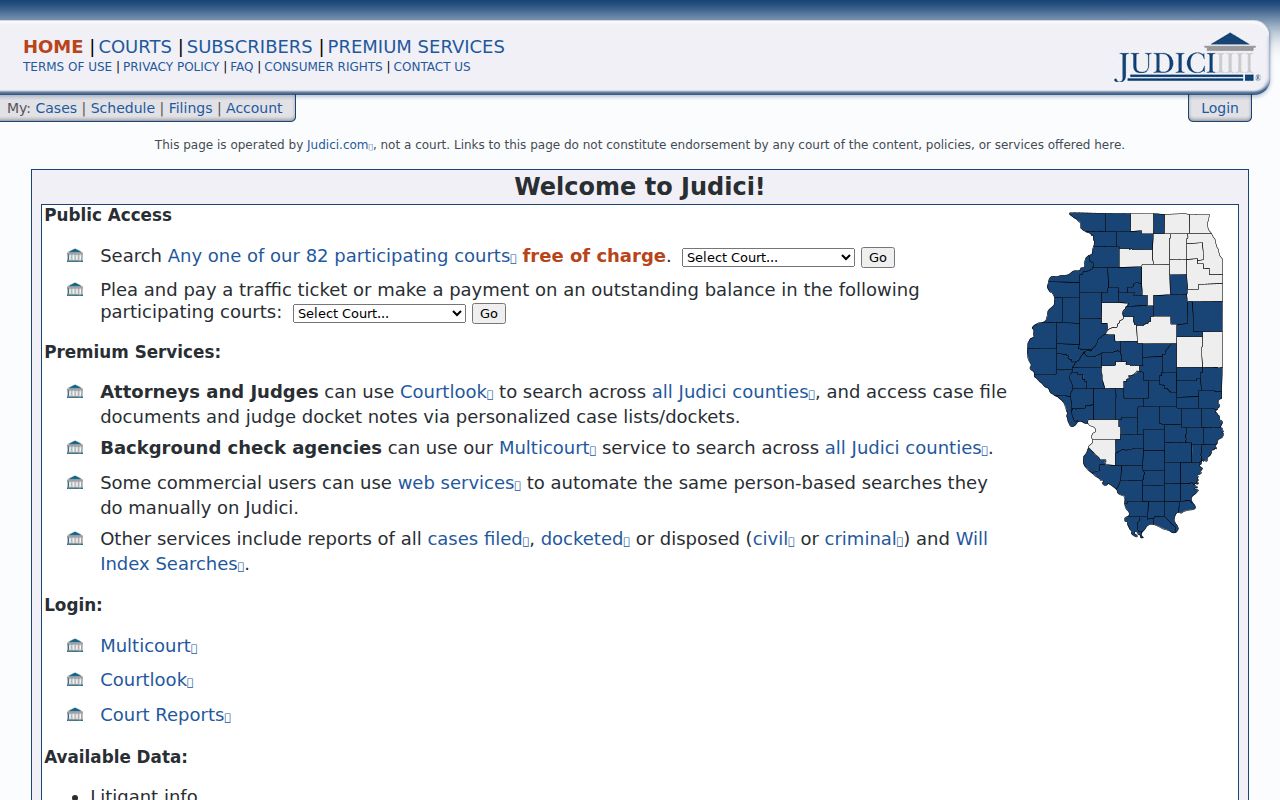 Judici court and county selection interface for Grundy County case records