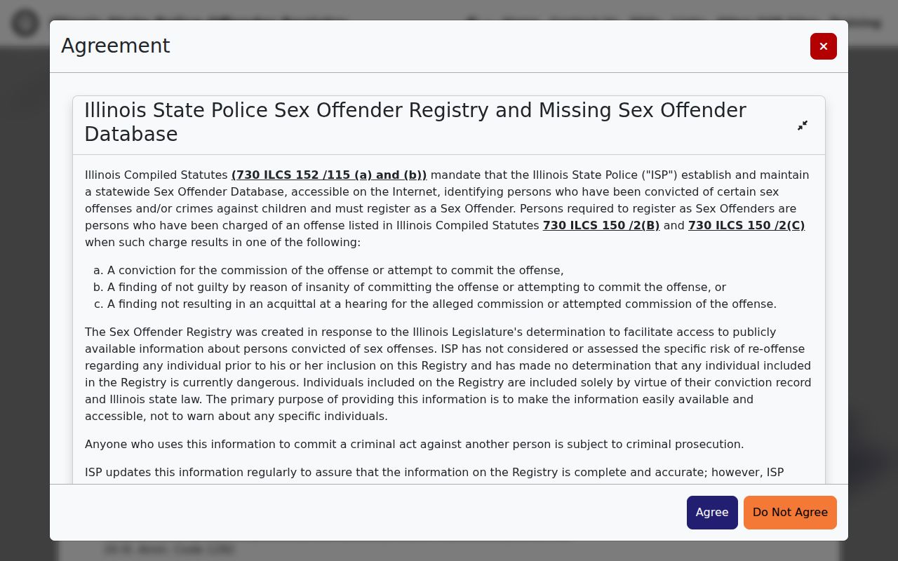 Illinois State Police Sex Offender Registry disclaimer and acceptance screen
